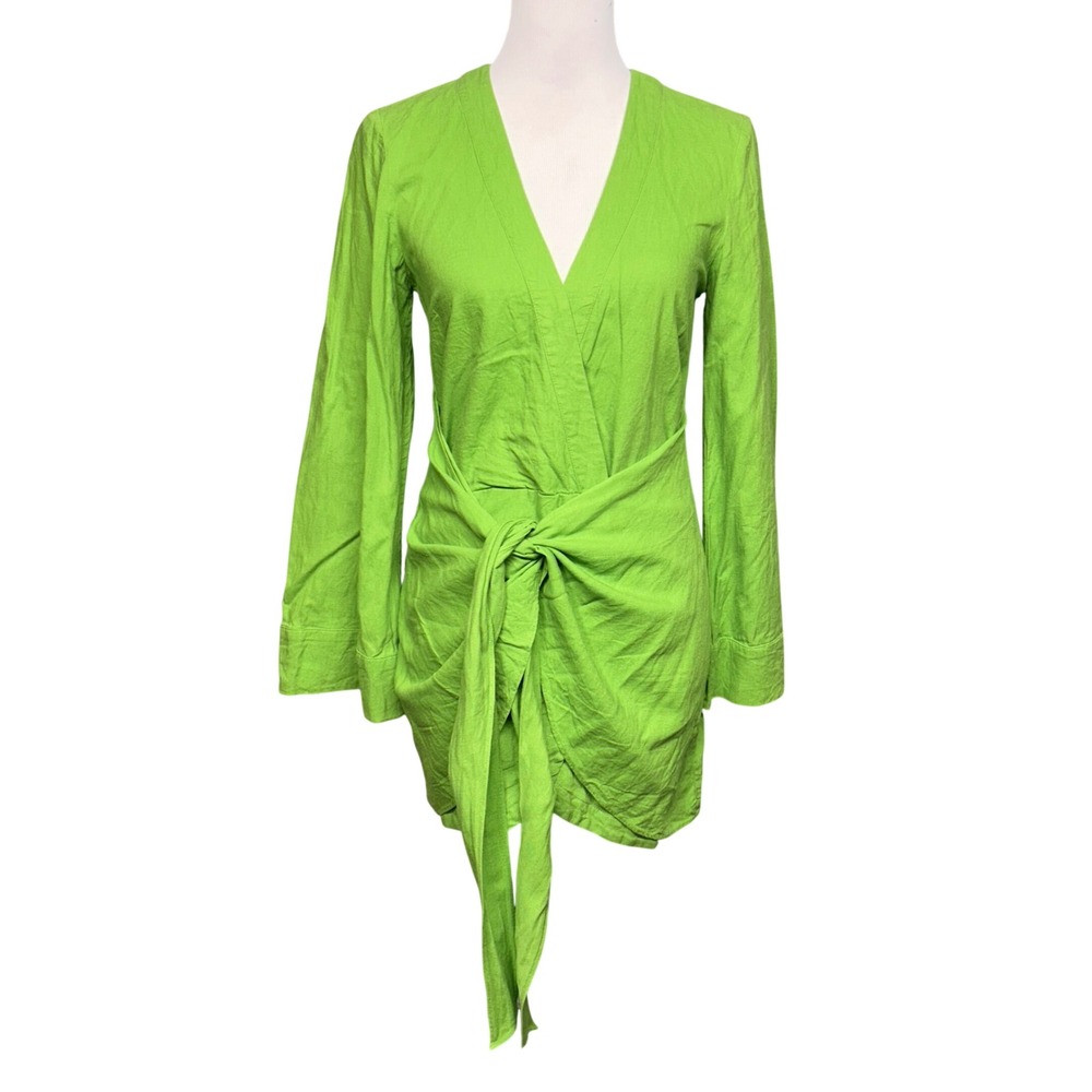 L'Academie Janeiro Mini Dress Women XS Green Linen Blend Wrap Front Bell Sleave